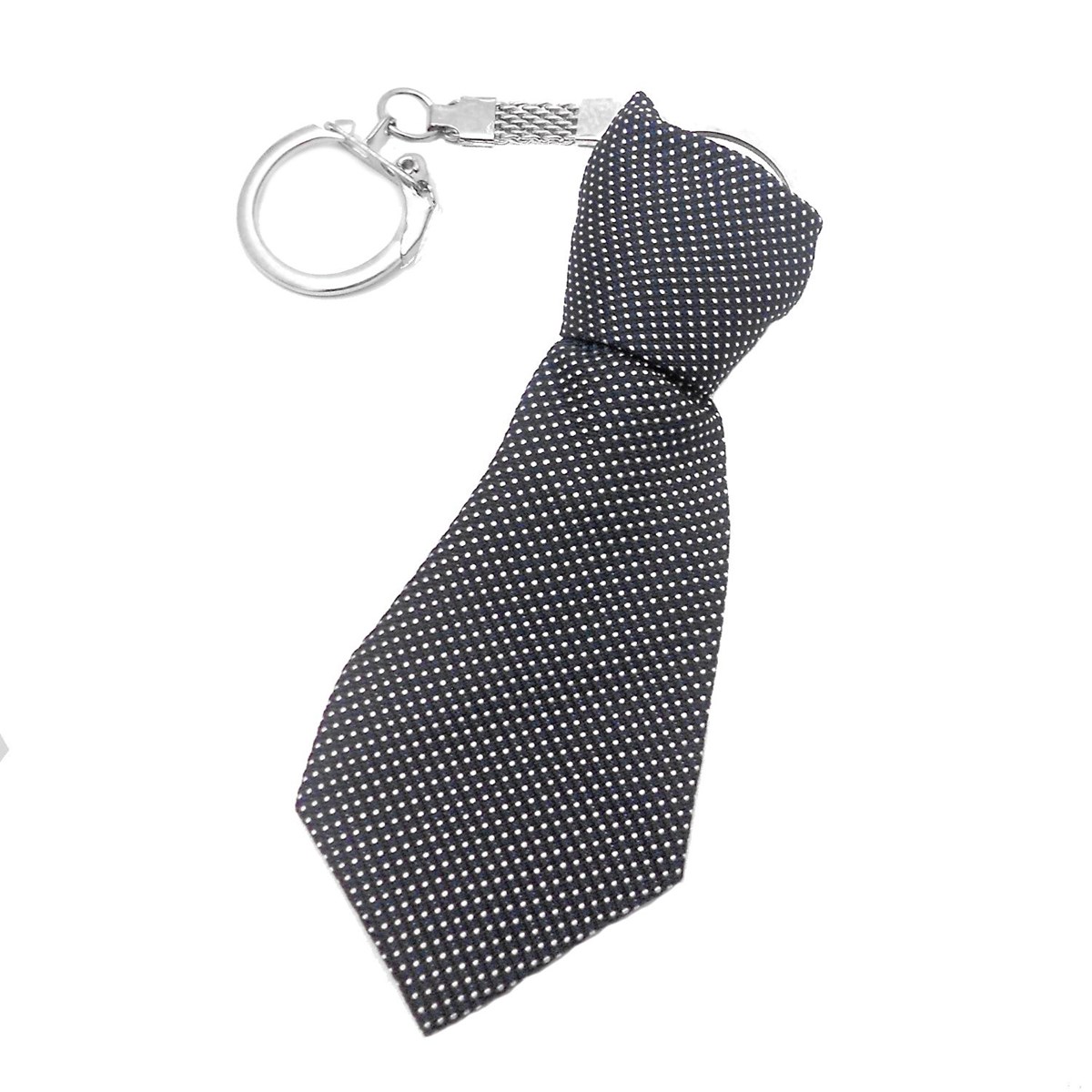 Porte-clés cravate en tissu moucheté pois blanc sur noir argenté