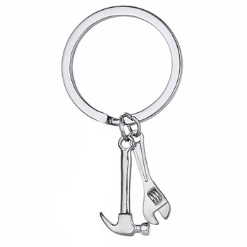 Zilveren hamer en moersleutel sleutelhanger voor doe-het-zelf gereedschap