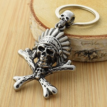 Zilveren indianen hoofdtooi schedel en gekruiste botten sleutelhanger
