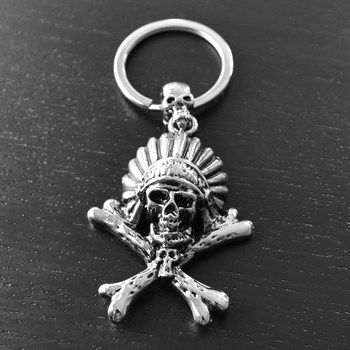 Zilveren indianen hoofdtooi schedel en gekruiste botten sleutelhanger