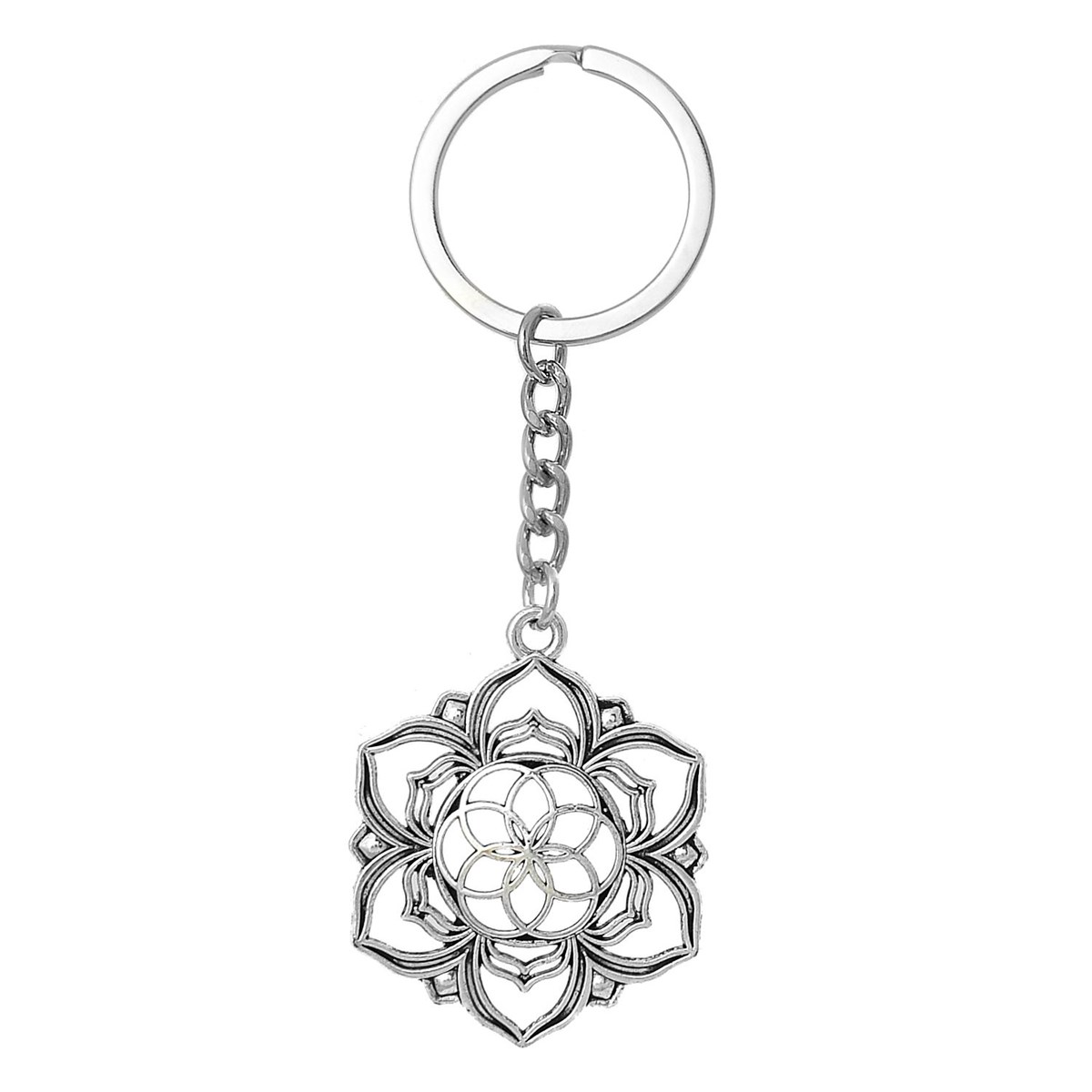 Porte-clés fleur de lotus fleur de vie argenté