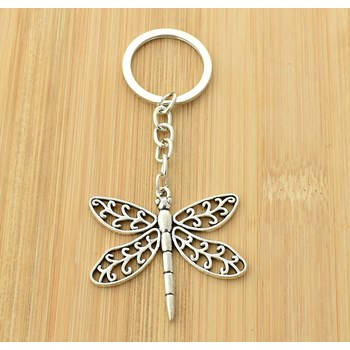 Dragonfly sleutelhanger met zilveren opengewerkte vleugels
