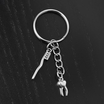 Porte-clés dent et brosse à dents thème dentiste assistant dentaire argenté