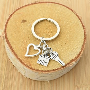 Porte-clés maison clé coeur argenté
