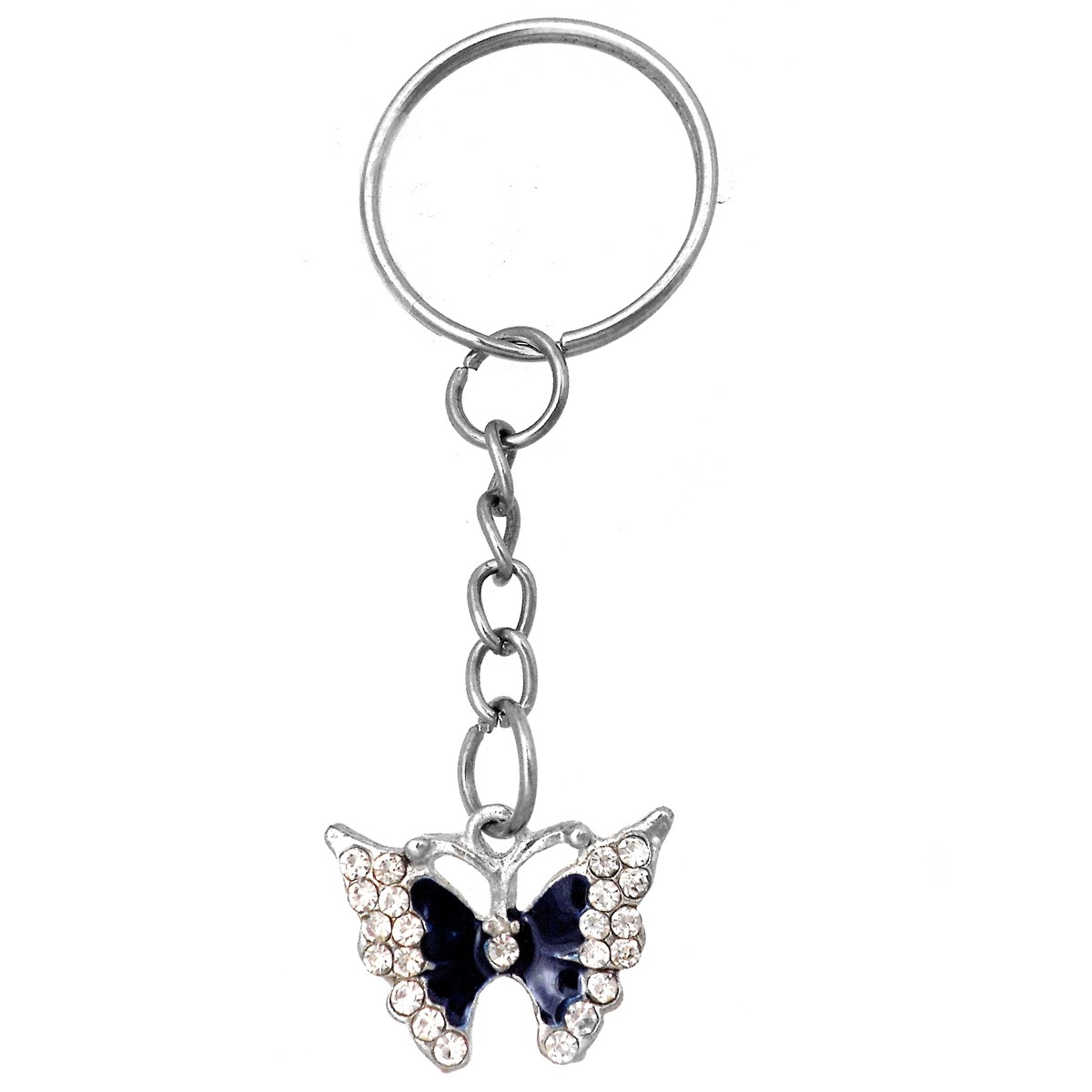 Porte-clés papillon strass et émail argenté Couleur Bleu roi