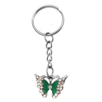 Porte-clés papillon strass et émail argenté Couleur Vert