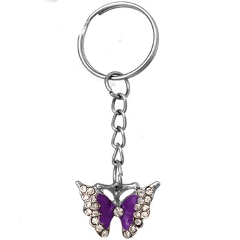 Porte-clés papillon strass et émail argenté Couleur Violet