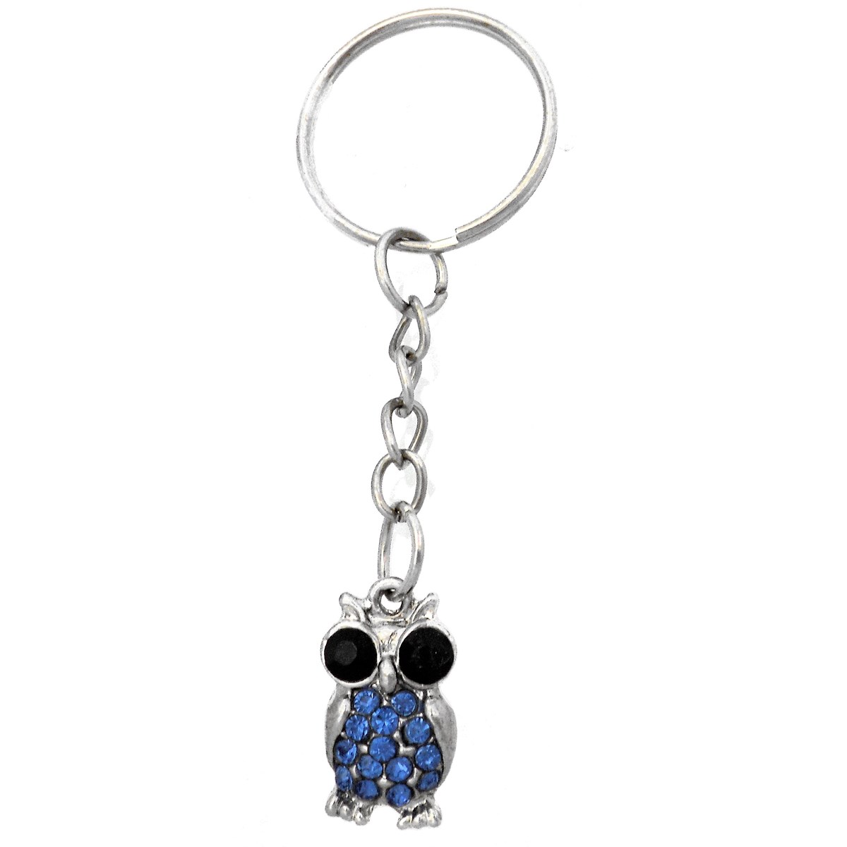 Porte-clés hibou aux yeux noirs strass argenté Couleur Bleu