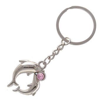 Silver rhinestone dolphin couple key ring Couleur Rose