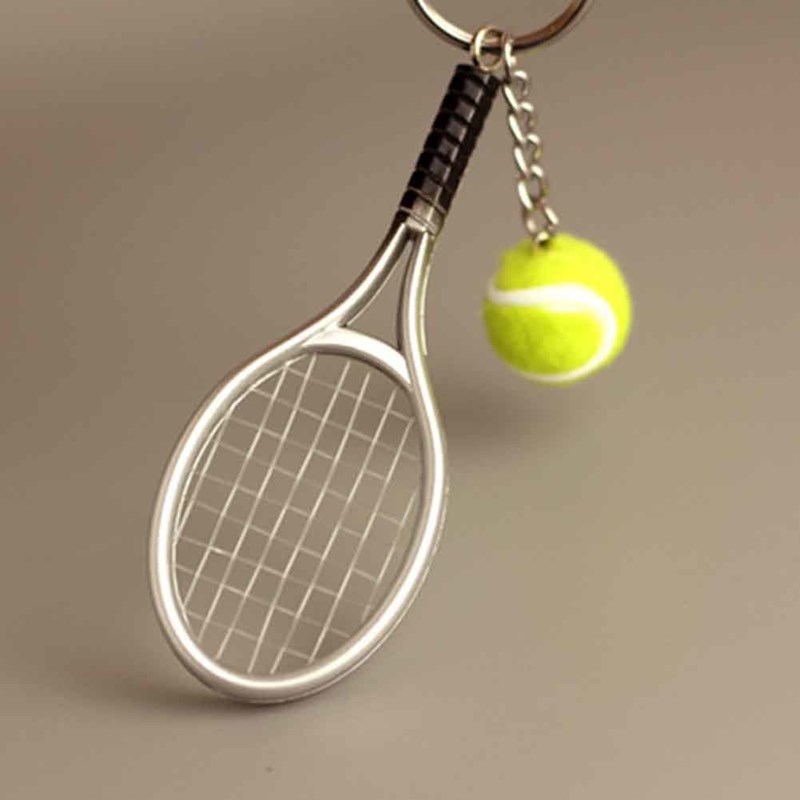 Porte-clés raquette fil de nylon et balle de tennis verte argenté - vue 2