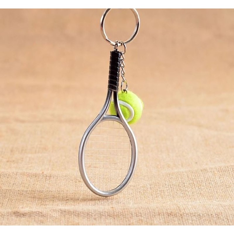 Porte-clés raquette fil de nylon et balle de tennis verte argenté - vue 3