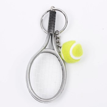 Porte-clés raquette fil de nylon et balle de tennis verte argenté