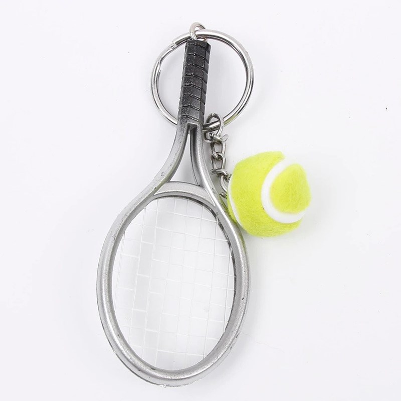 Porte-clés raquette fil de nylon et balle de tennis verte argenté - vue 4