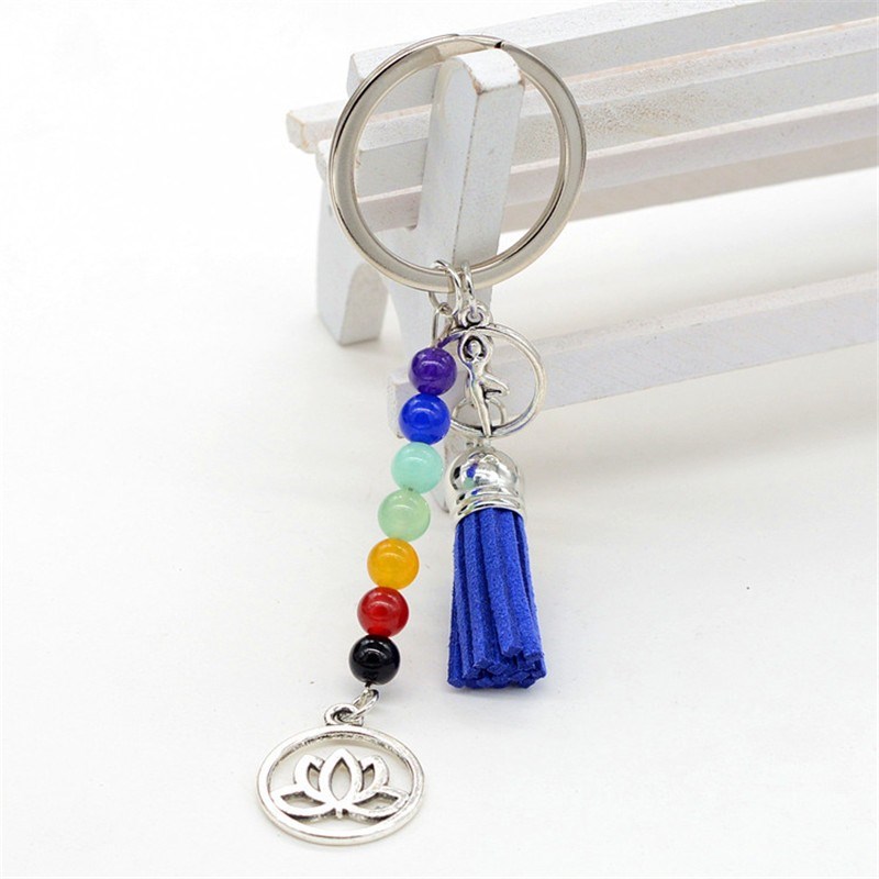 Porte-clés 7 perles chakra feuille de lotus pompon posture arbre yoga Couleur Bleu roi - vue 3