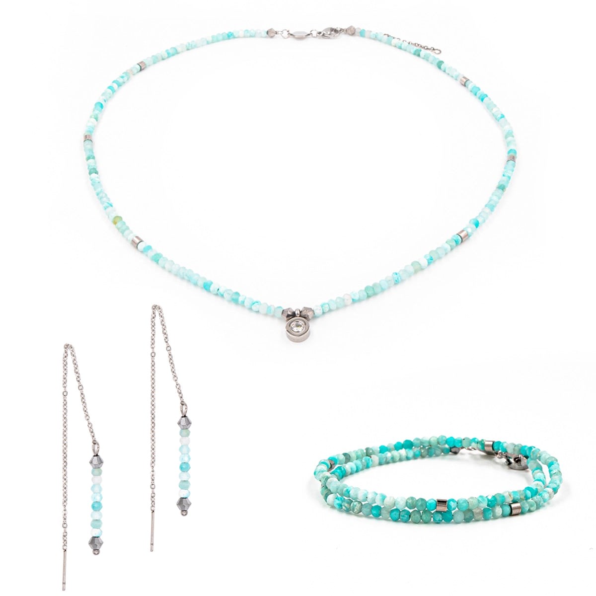 Collier, bracelet et boucles d'oreilles Lumia en pierres Amazonite