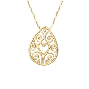 Necklace heart drop oval arabesque chased GOLD plated 750 3 microns