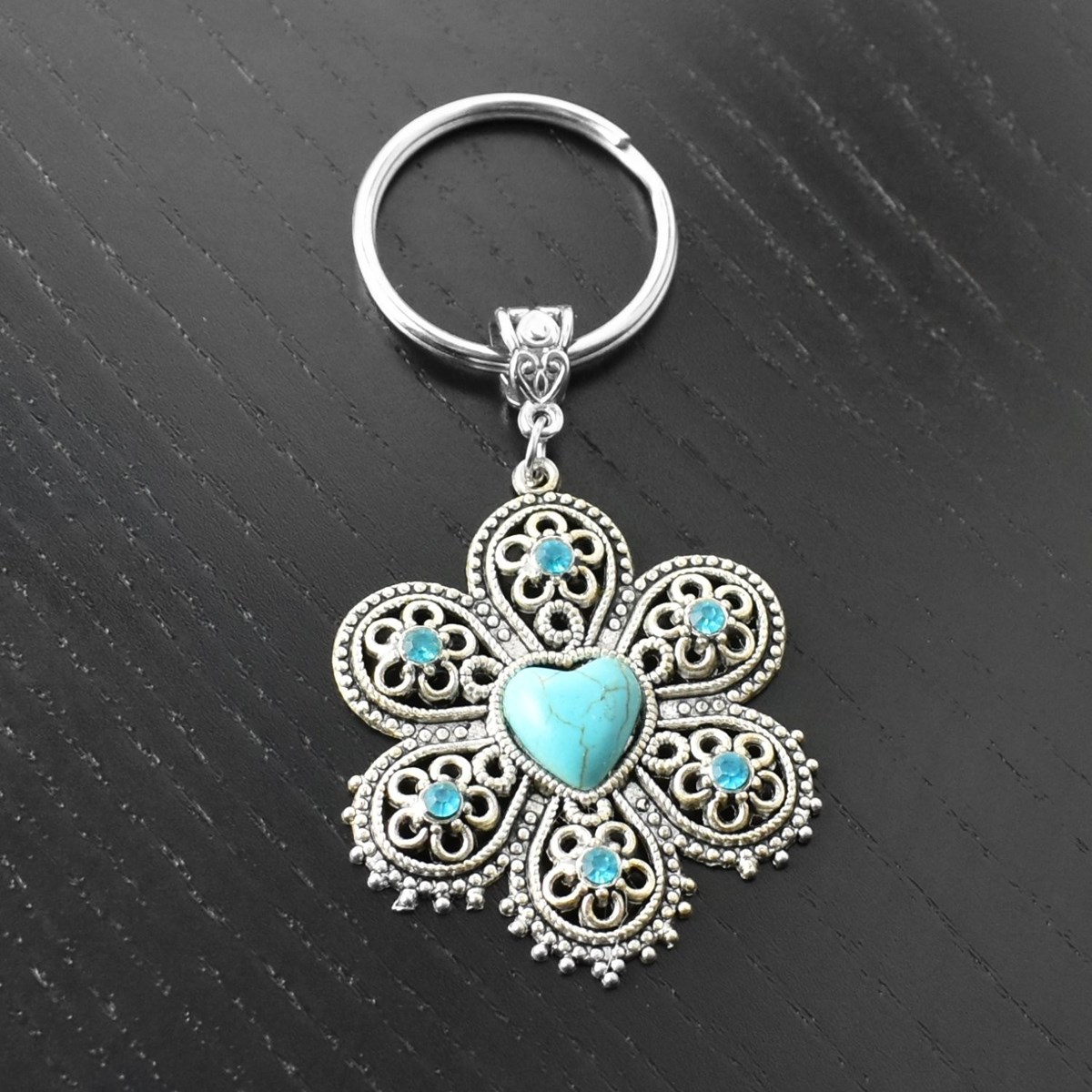 Porte-clés argenté fleur strass bleu turquoise - vue 4