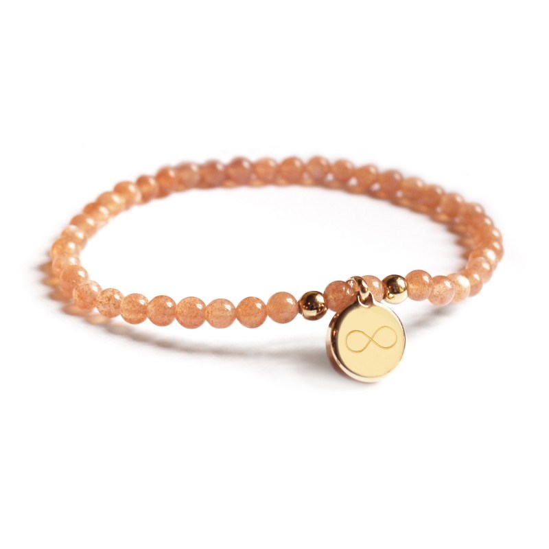 Bracelet perles pierre de soleil et médaille ronde plaqué or femme - gravure INFINI - vue 2
