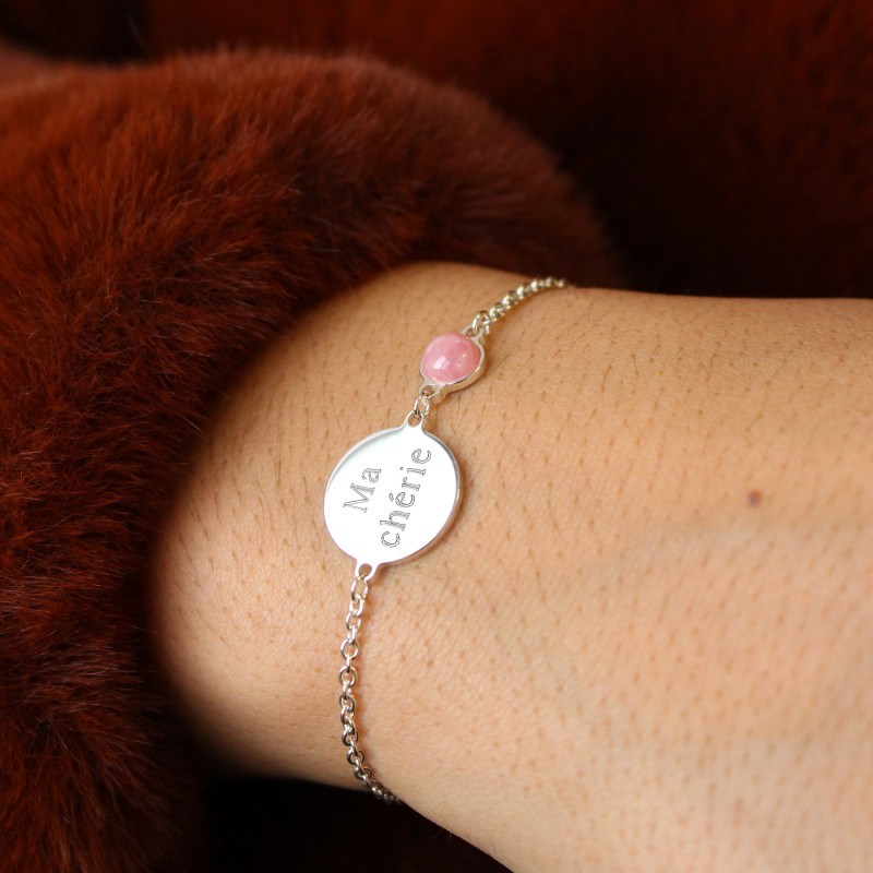 Bracelet chaine médaille et pierre rose argent 925 femme - gravure MAMAN CHÉRIE - vue 2