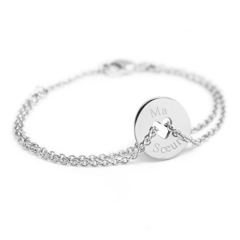 Bracelet chaine mini jeton coeur argent 925 femme - gravure MA SOEUR