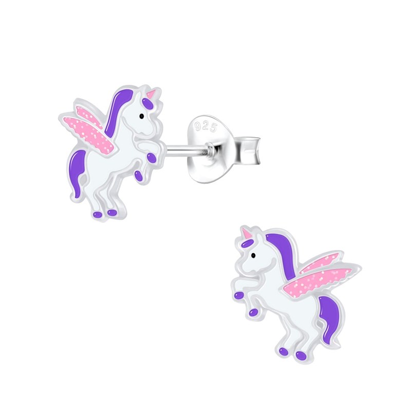 Boucles d'oreilles enfant licorne ailée en argent 925