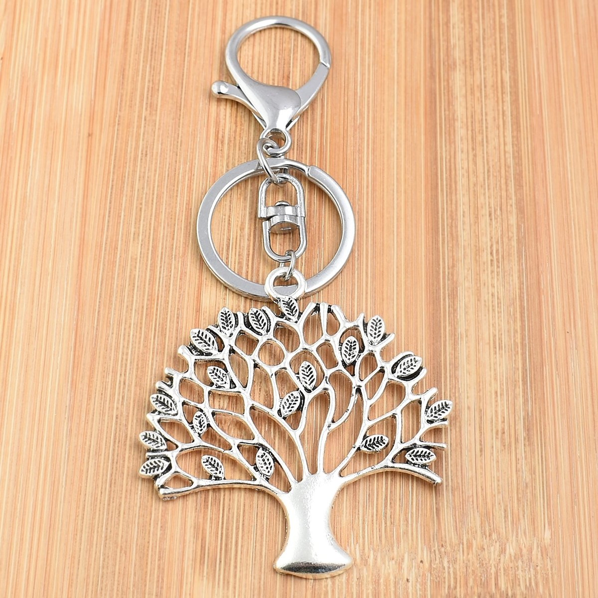 Porte-clés bijou de sac arbre de vie avec feuilles argenté - vue 2