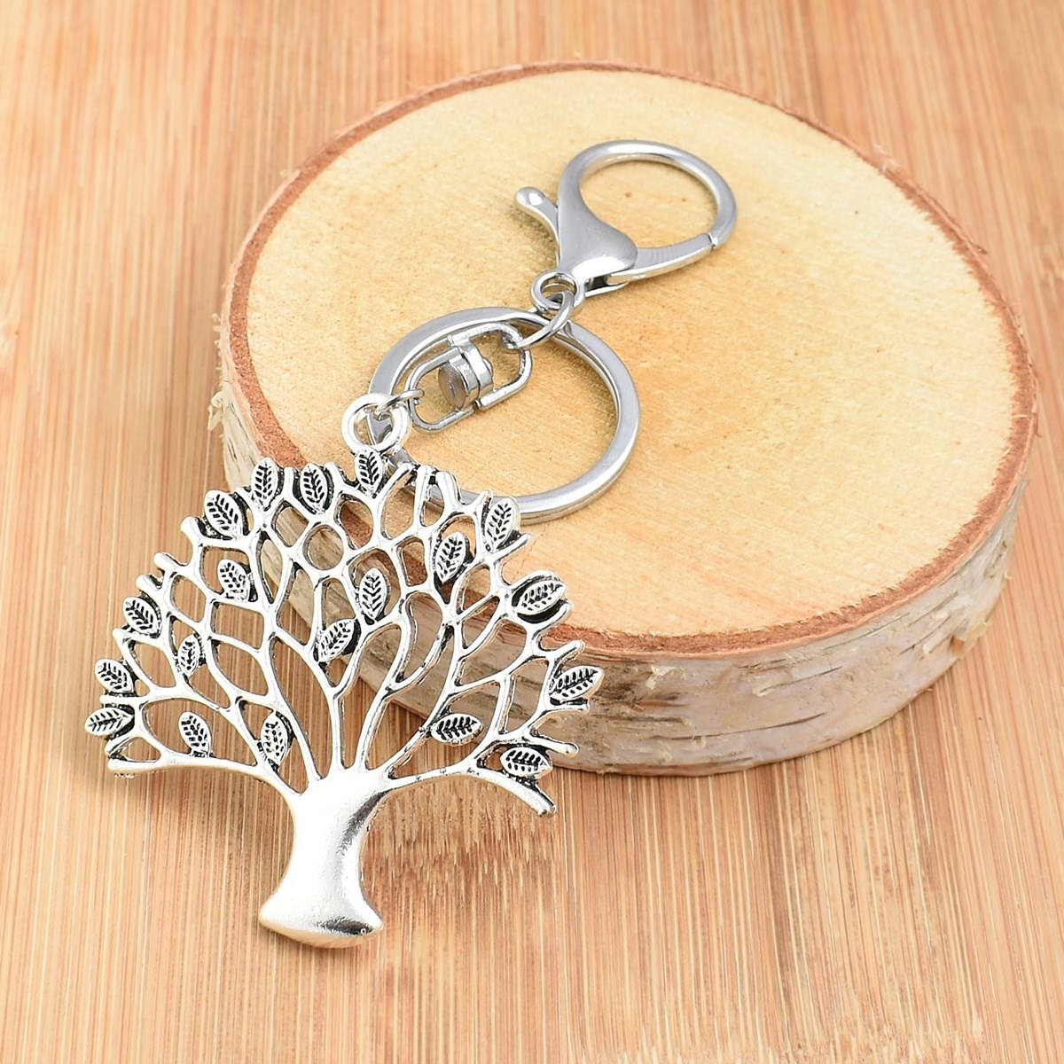Porte-clés bijou de sac arbre de vie avec feuilles argenté - vue 3