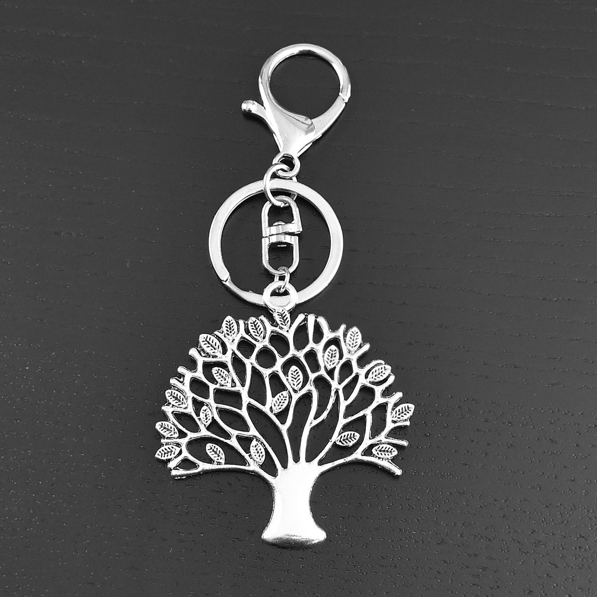 Porte-clés bijou de sac arbre de vie avec feuilles argenté - vue 4