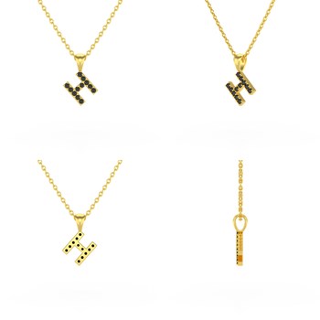 Necklace Pendant ADEN Letter H Gold 750 Yellow Black Diamond Chain Gold 750 included 0.72grs