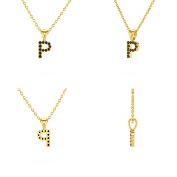 Necklace Pendant ADEN Letter P Gold 750 Yellow Black Diamond Chain Gold 750 included 0.72grs