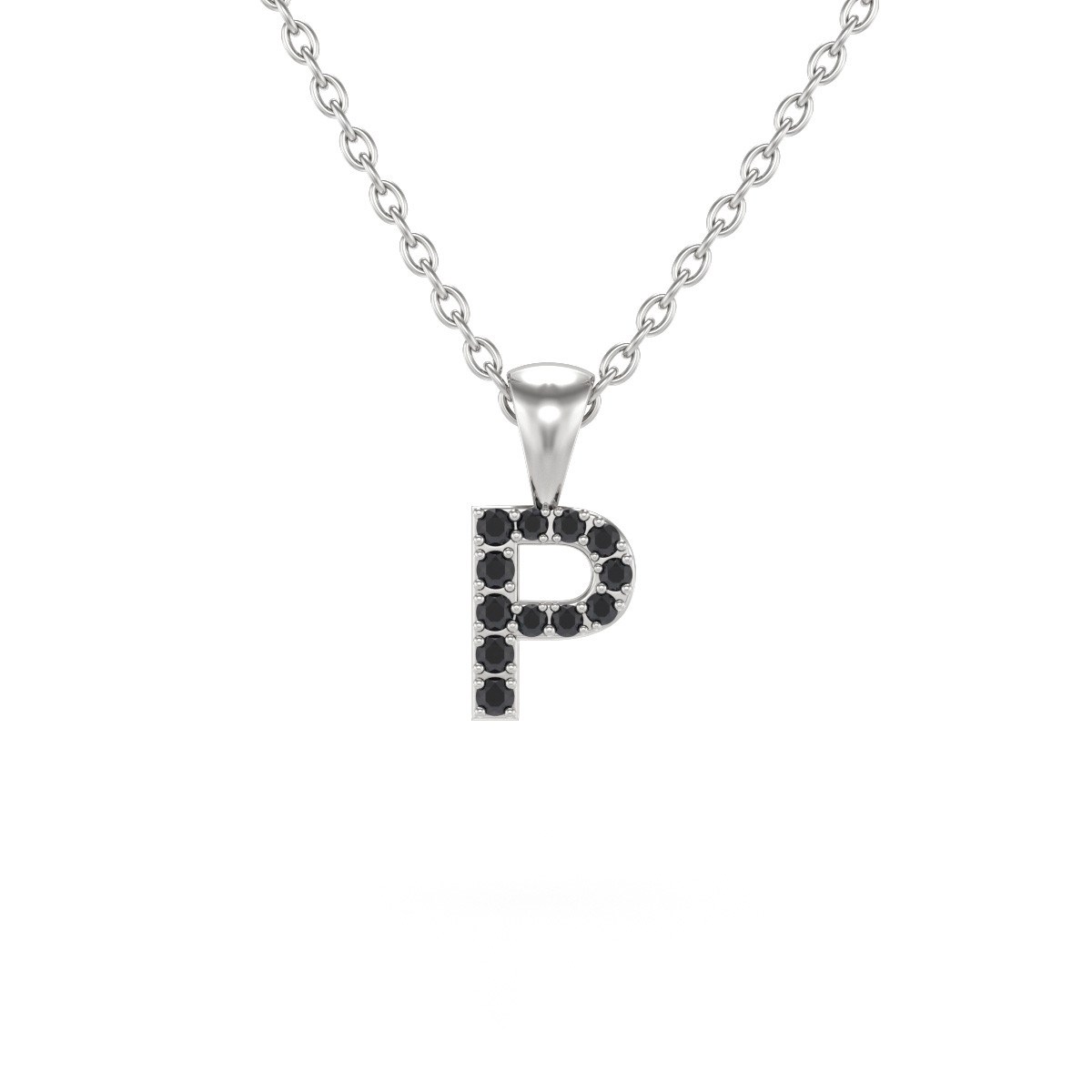 Collier Pendentif ADEN Lettre P Or 750 Blanc Diamant Noir Chaine Or 750 incluse 0.72grs