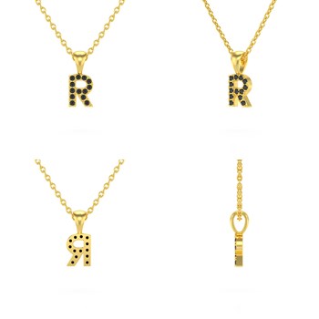 Necklace Pendant ADEN Letter R Gold 750 Yellow Black Diamond Chain Gold 750 included 0.72grs
