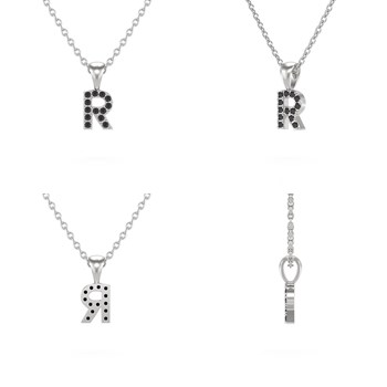 Necklace Pendant ADEN Letter R Gold 750 White Black Diamond Chain Gold 750 included 0.72grs