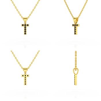 Necklace Pendant ADEN Letter T Gold 750 Yellow Black Diamond Chain Gold 750 included 0.72grs
