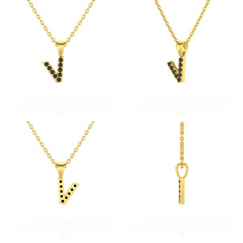 Necklace Pendant ADEN Letter V Gold 750 Yellow Black Diamond Chain Gold 750 included 0.72grs