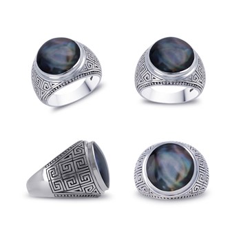 Bague Chevalière Homme en Argent Massif Effet Vieilli avec Nacre Noire - Idée Cadeau Masculin | Aden