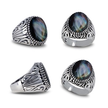 Bague Biker Homme en Argent Massif Vieilli et Nacre Noire - Idée Cadeau Toutes Occasions | Aden