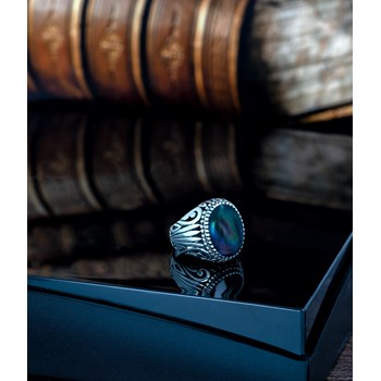 Bague Biker Homme en Argent Massif Vieilli et Nacre Noire - Idée Cadeau Toutes Occasions | Aden