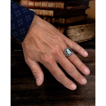 Bague Biker Homme en Argent Massif Vieilli et Nacre Noire - Idée Cadeau Toutes Occasions | Aden
