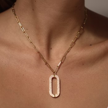 Collier Argent Doré Ovale Sertie De Zirconiums Blanc