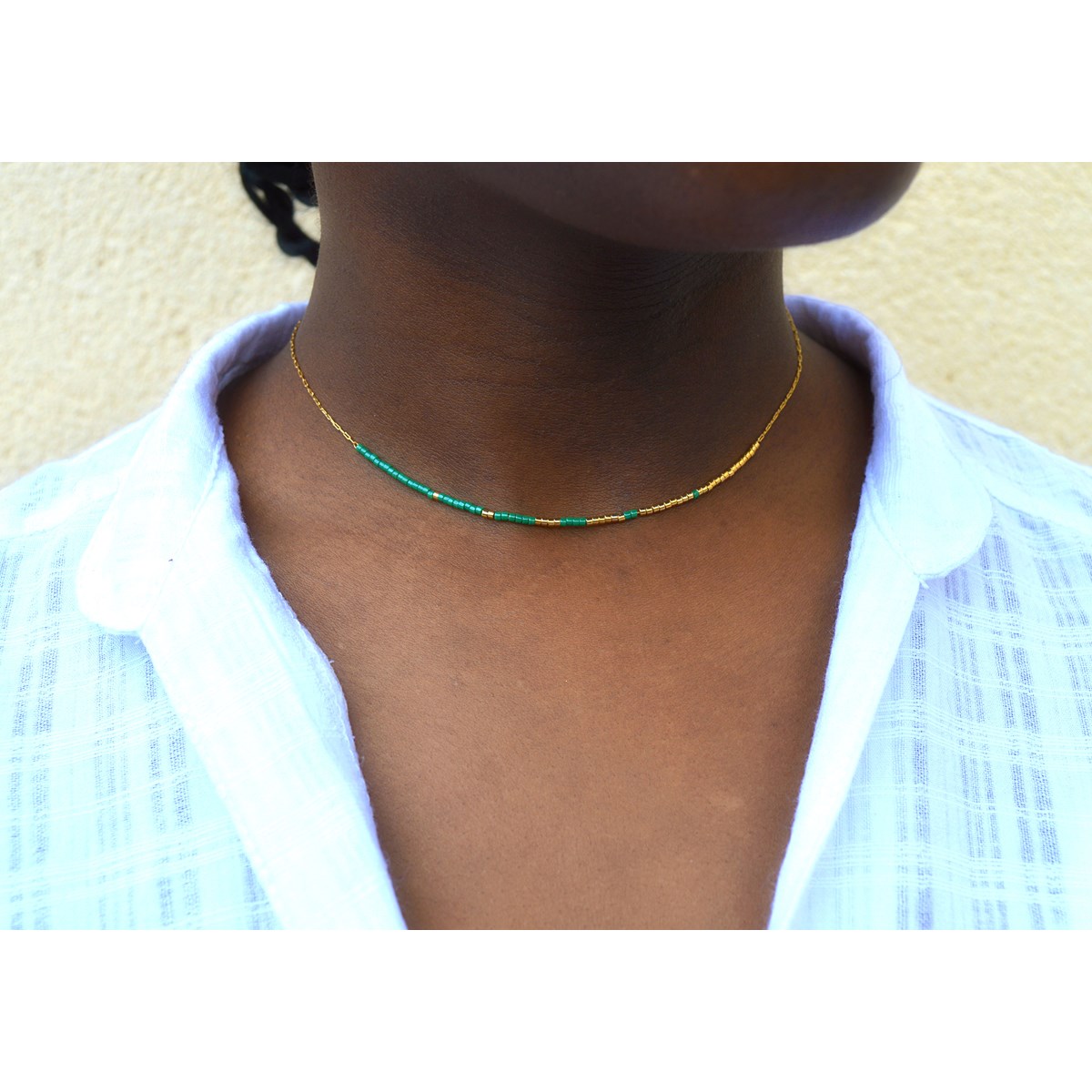 Collier femme minimaliste délicat chaîne ultra fine perles miyuki  ( vert) - vue 2