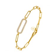 Bracelet chaine argent ovale doré serti de pierre blanche