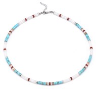 Collier perles heishi pierres naturelles turquoise jaspe rouge paysage et blanc