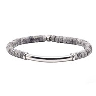 Bracelet perles heishi pierres naturelles jaspe gris moucheté barre acier