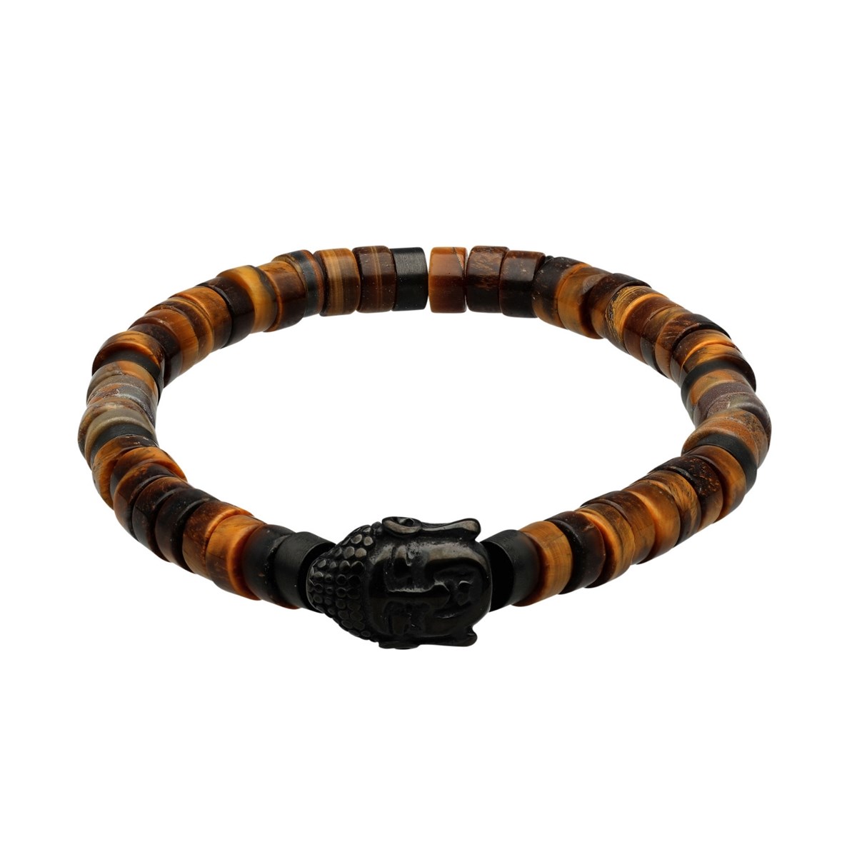 Bracelet Perles Heishi Pierres Naturelles oeil De Tigre Bouddha Acier Noir