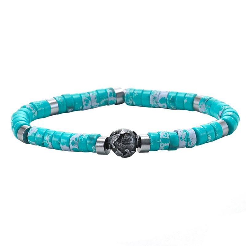 Bracelet Perles Heishi Pierres Naturelles Jaspe Impérial Bleu Ciel Planète Acier