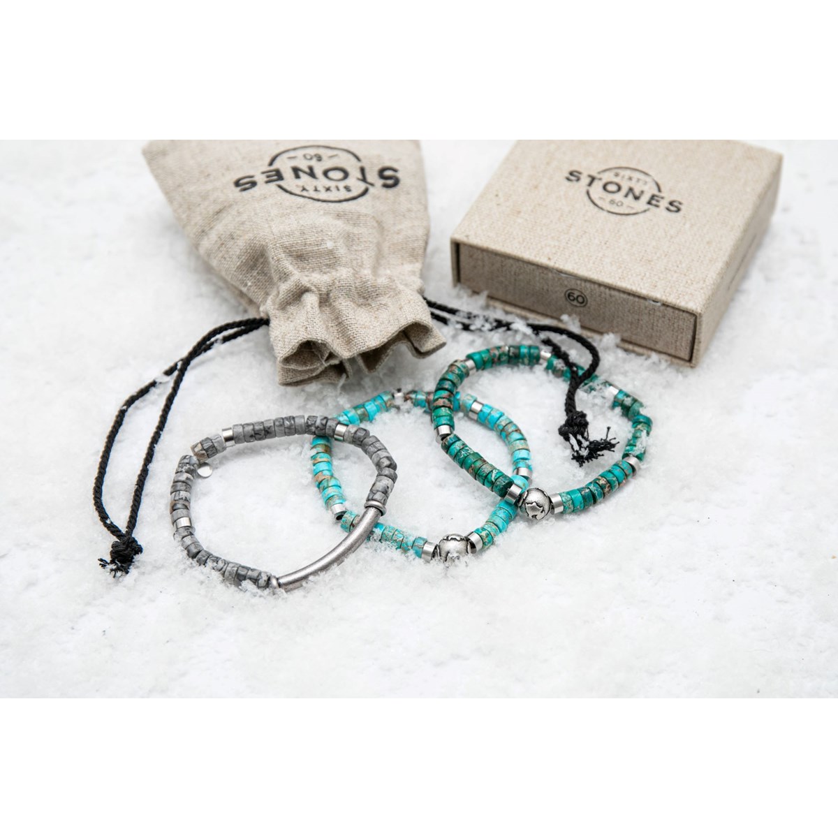 Bracelet Perles Heishi Pierres Naturelles Jaspe Impérial Bleu Ciel Planète Acier - vue 5