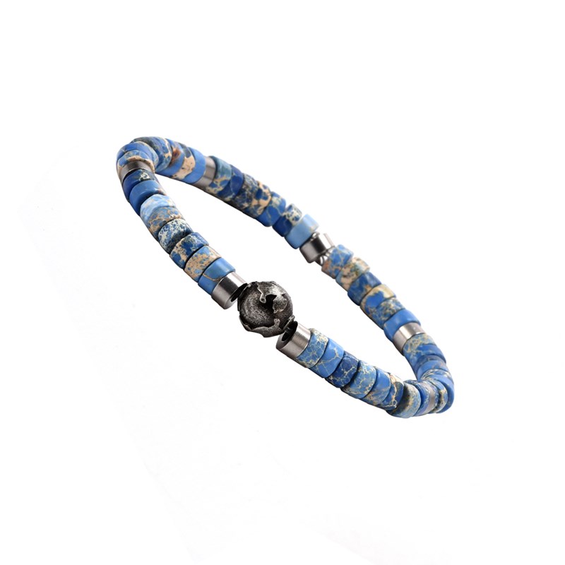 Bracelet Perles Heishi Pierres Naturelles Jaspe Impérial Bleu Planète Acier - vue 3