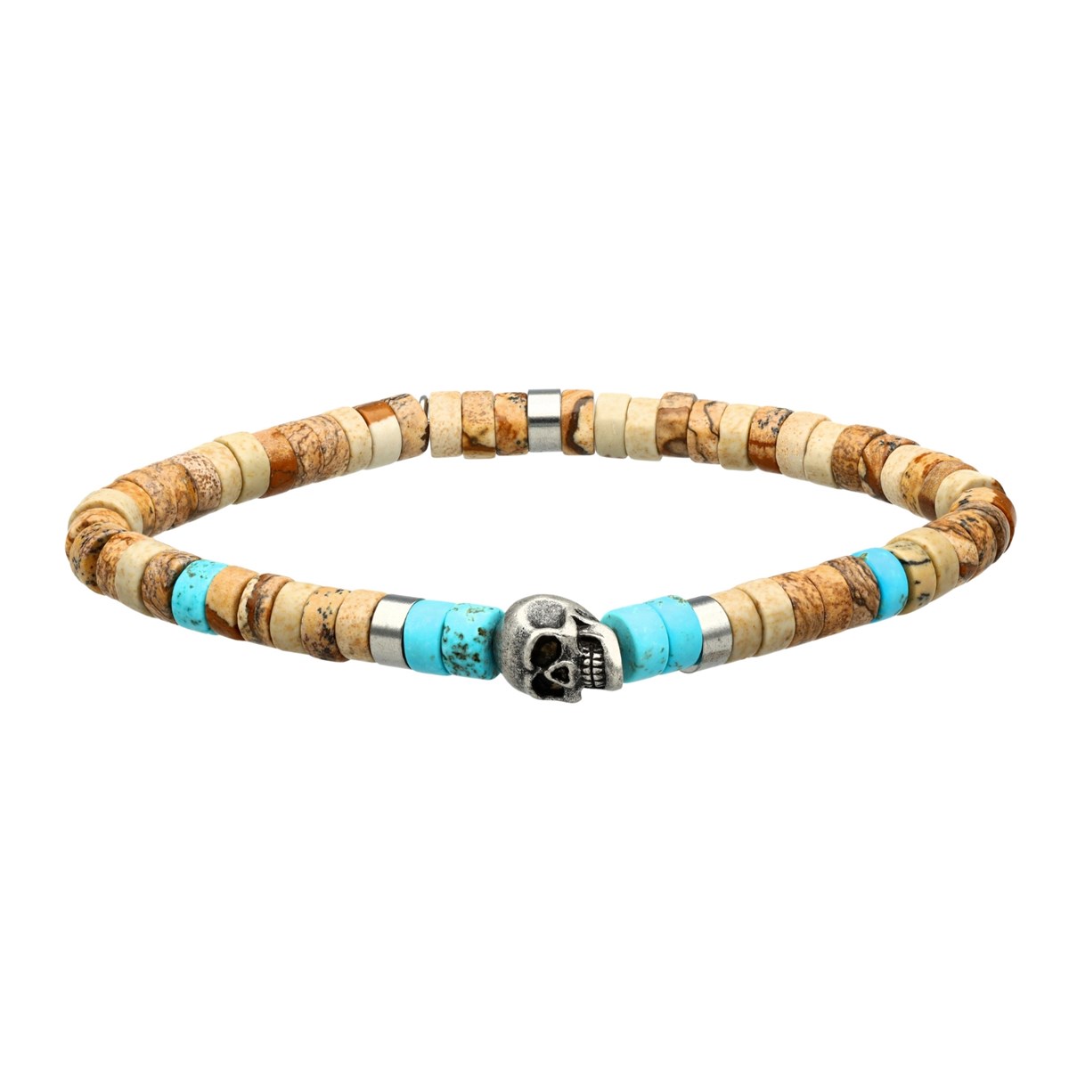 Bracelet Perles Heishi Pierres Naturelles Jaspe Paysage Et Turquoise Tête De Mort