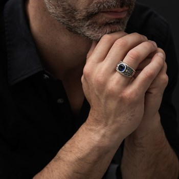 Herenring Zilver Schedel Blauwe Steen Solo Schedels